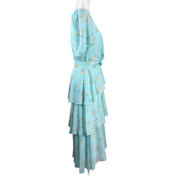 Calvin Klein Tiered Chiffon Midi Dress in Aqua Floral Boho Feminine Women's 12 - Picture 5 of 10